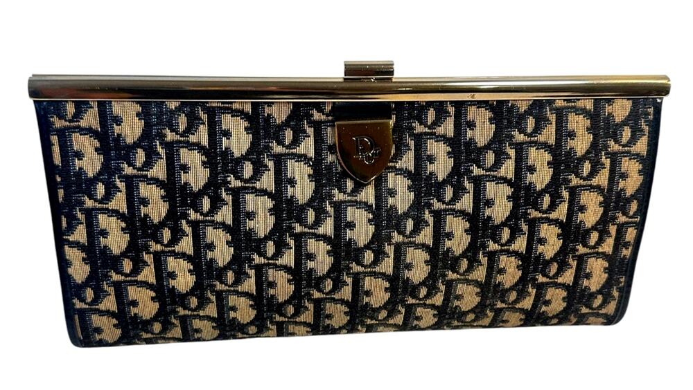 Vintage Christian Dior Oblique Trotter Frame Clutch Navy Canvas Made France